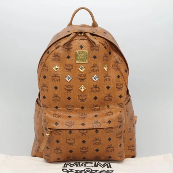 MCM Logogram Vicetos Backpack PVC Leather Brown Gold Auth - Picture 1 of 16